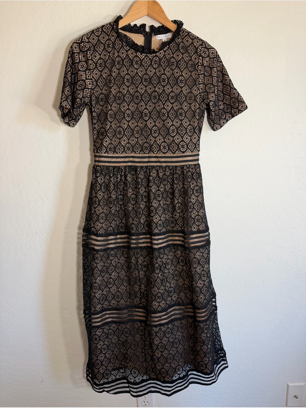 Baltic Born Black Lace Tiered Midi Dress Nude Lining Size Medium